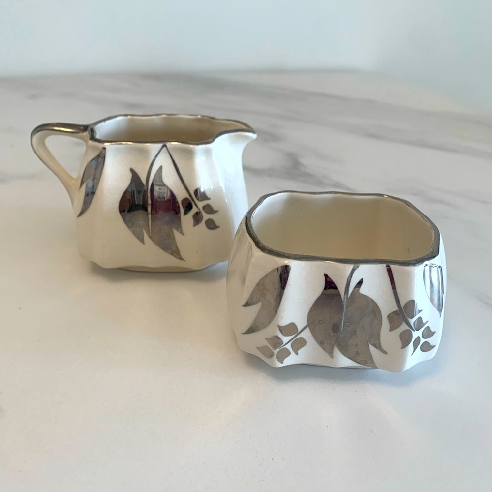 Elegant Lancaster Sandland Ware Ceramic Creamer & Sugar Bowl Silver Leaf Overlay